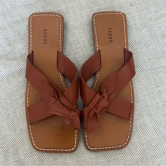 STAUD Lei Bow Brown Leather Slip-On Sandals with Criss-Cross Straps Size 35 - Picture 6 of 8